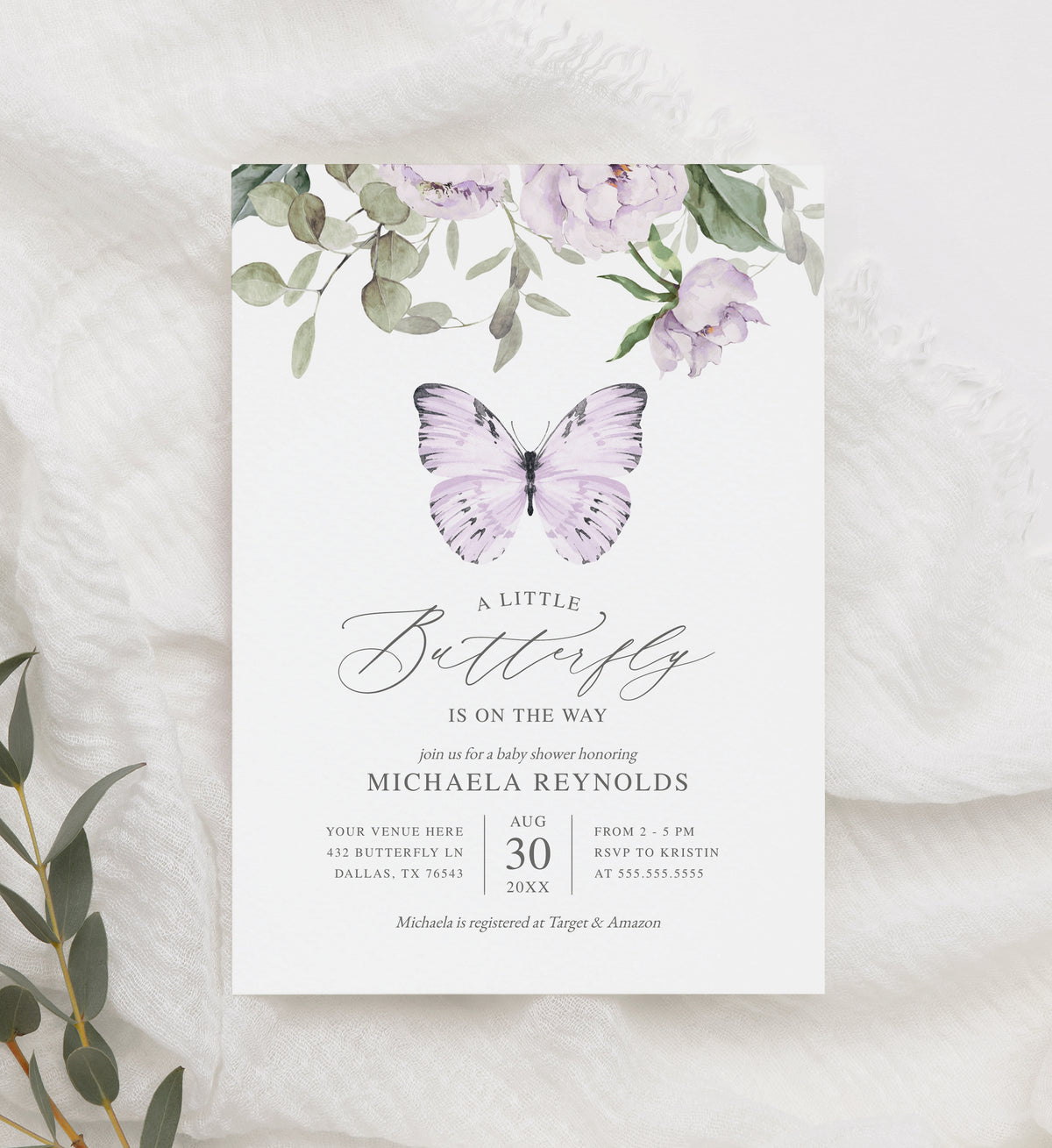 Editable Purple Butterfly Baby Shower Invitation Template