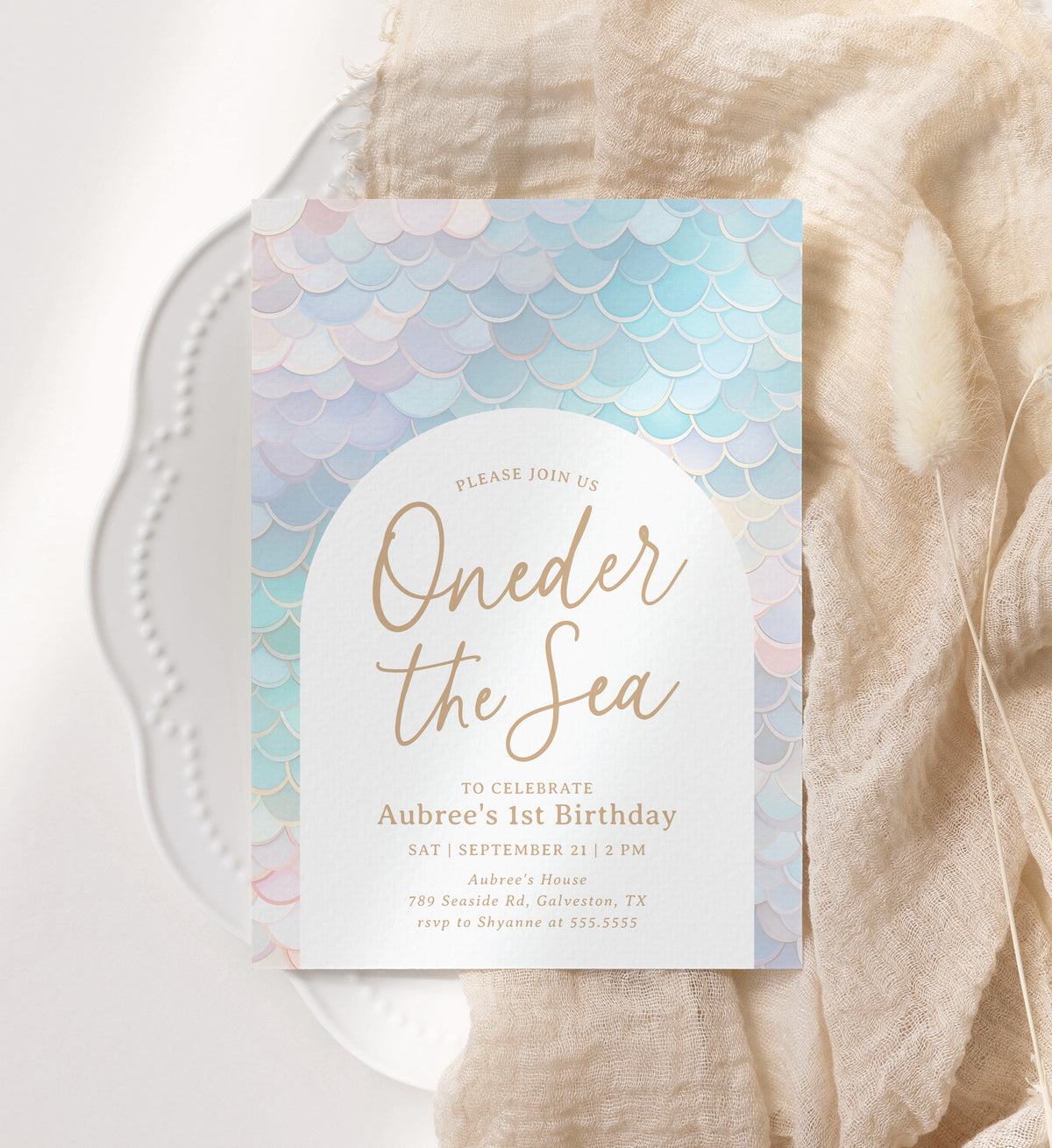 Editable Mermaid Scales Birthday Invitation Template (Oneder the Sea)