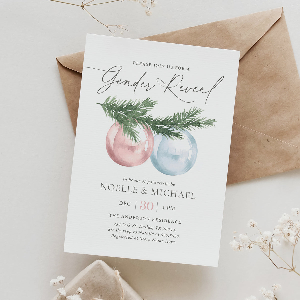 Editable Winter Ornament Gender Reveal Invitation Template