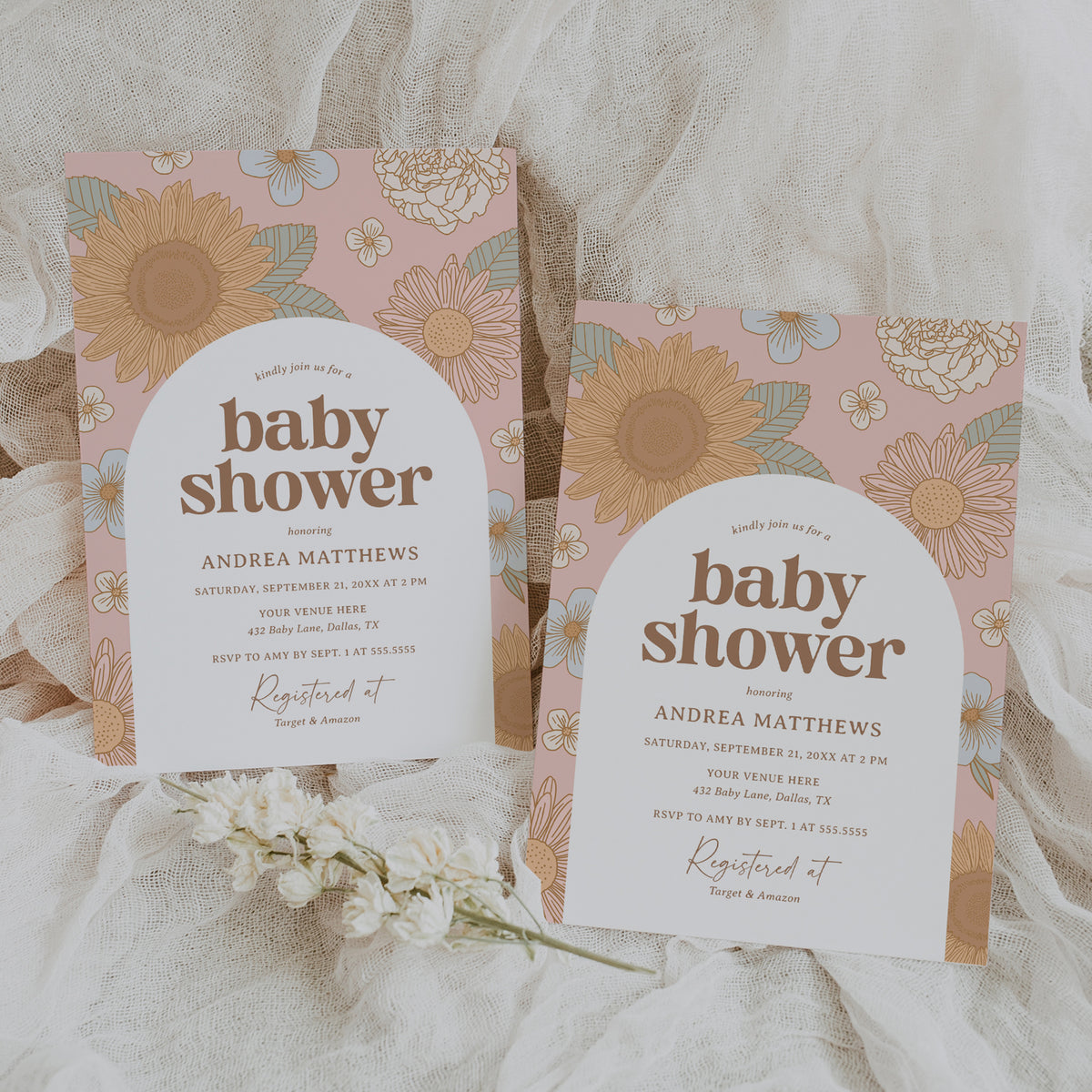 Editable Retro Wildflower Baby Shower Invitation Template