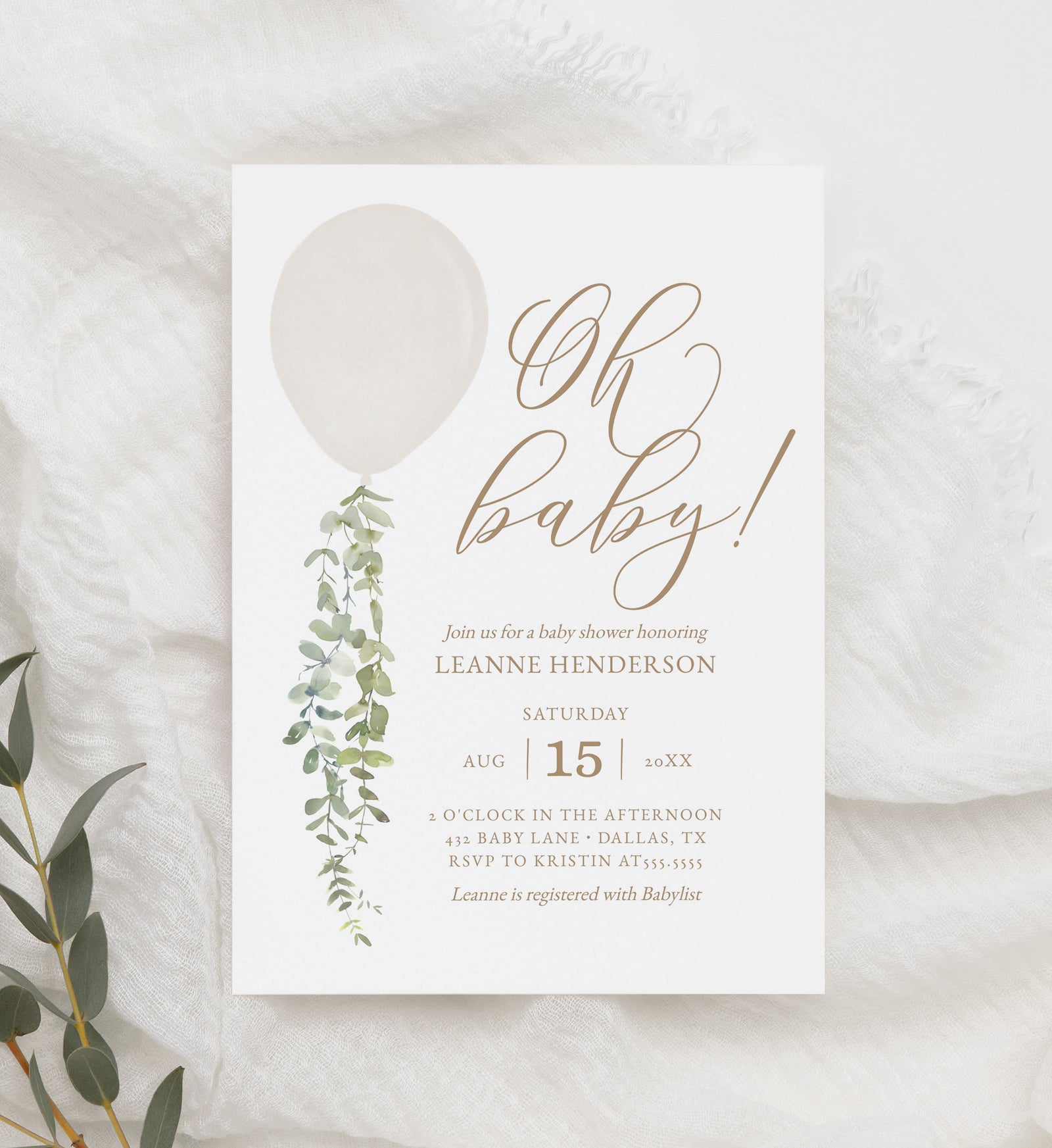 Editable White Balloon Baby Shower Invitation Template