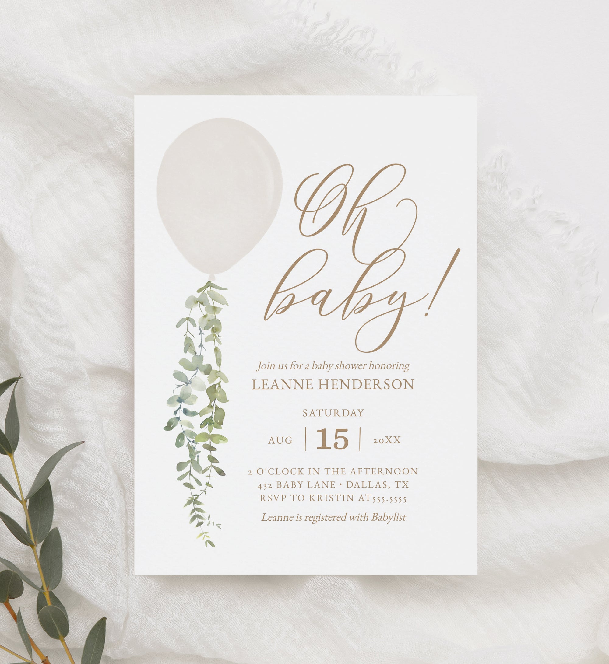Editable White Balloon Baby Shower Invitation Template