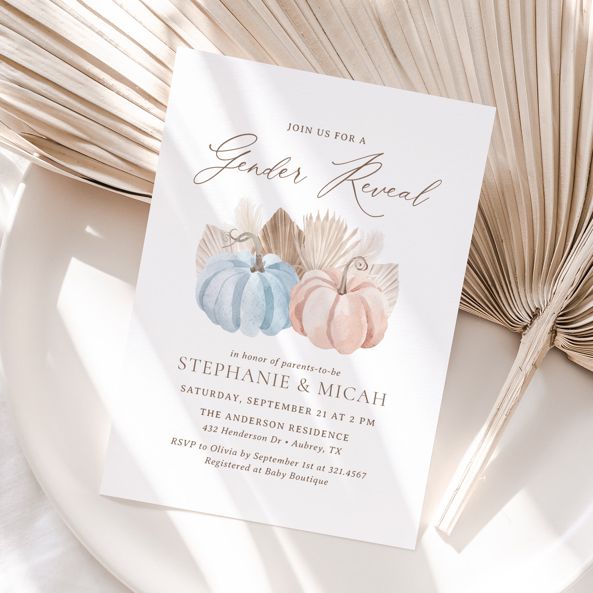 Blue and Pink Pumpkin Gender Reveal Invitation Template