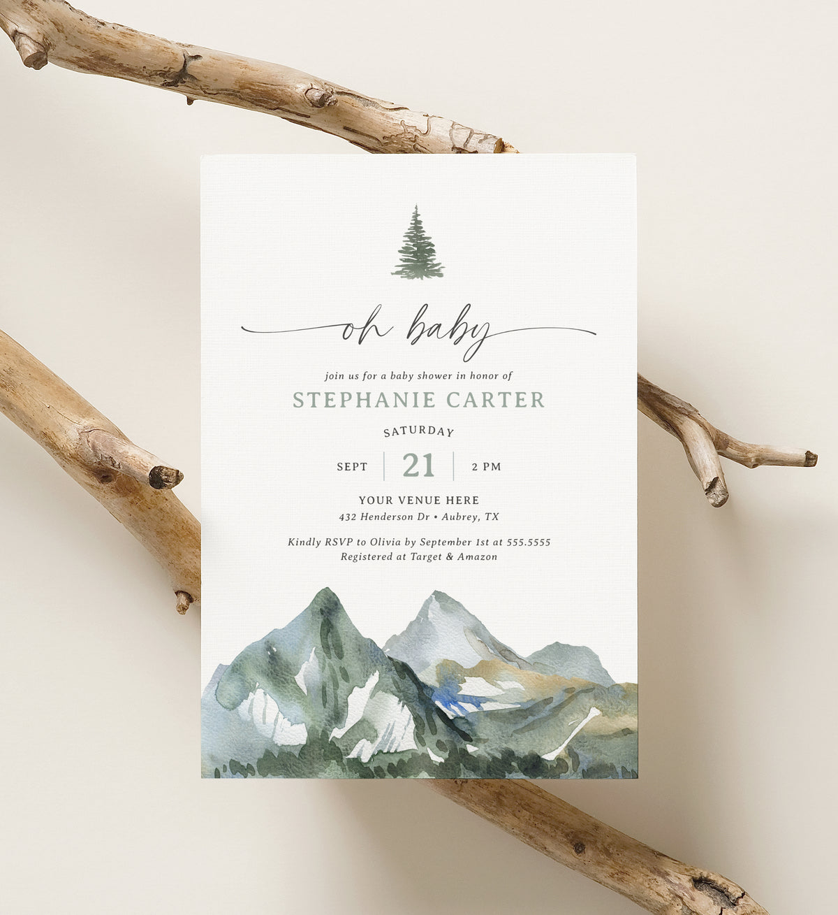 Mountain Pine Tree Baby Shower Invitation