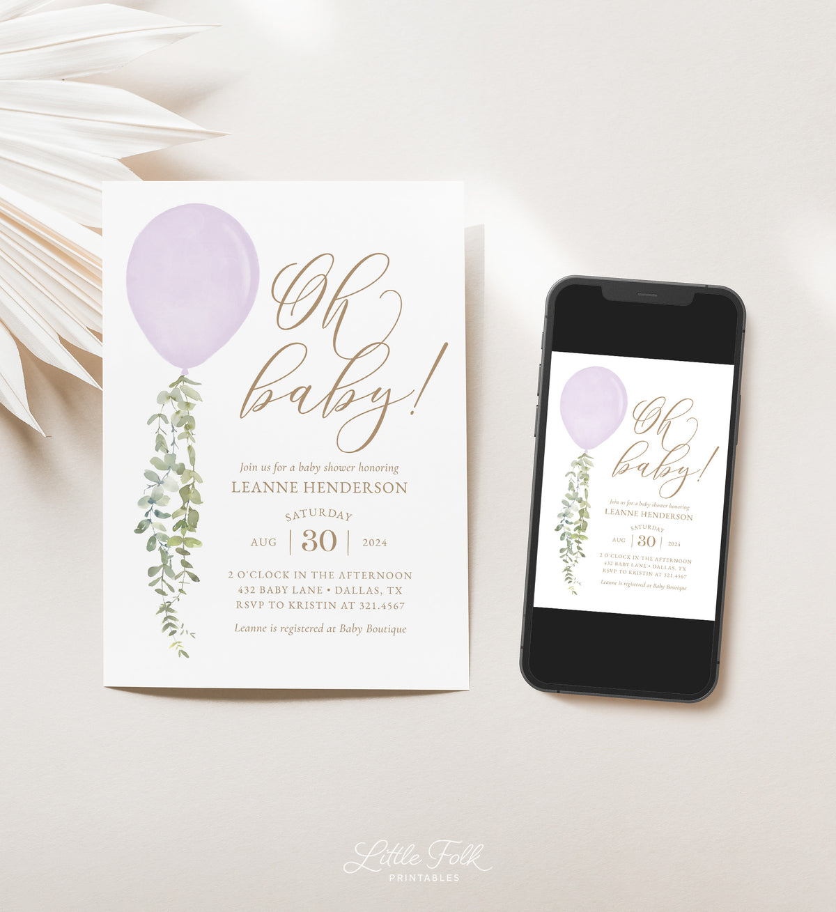 Purple Balloon Baby Shower Invitation Template