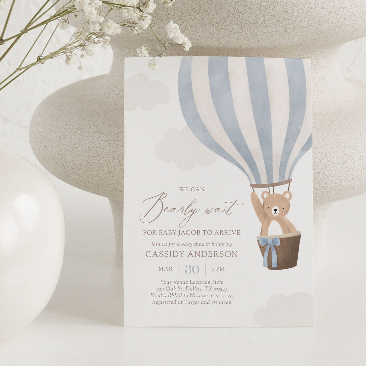 Editable Blue Teddy Bear Hot Air Balloon Baby Shower Invitation Template