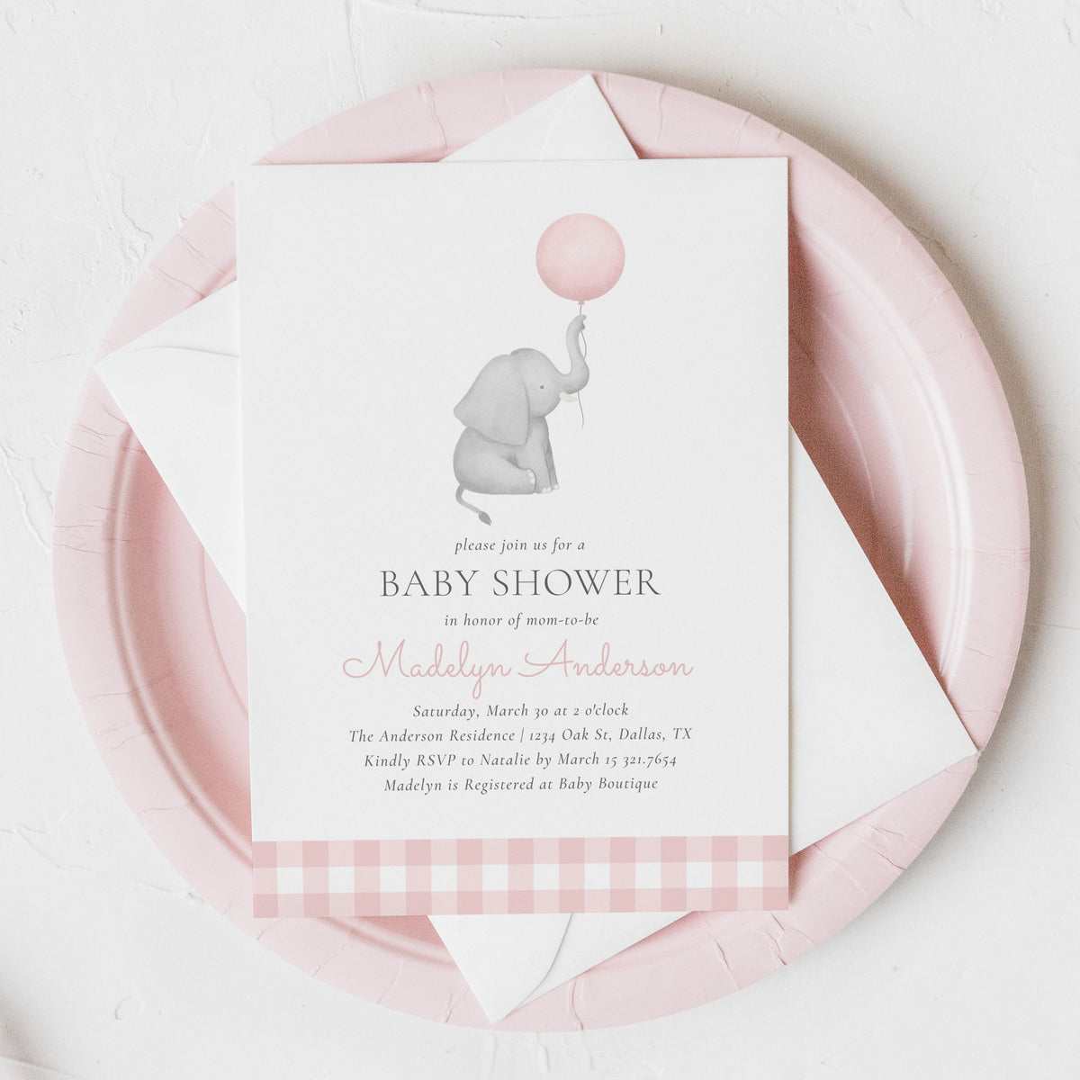 Elephant with Pink Balloon Invitation Template