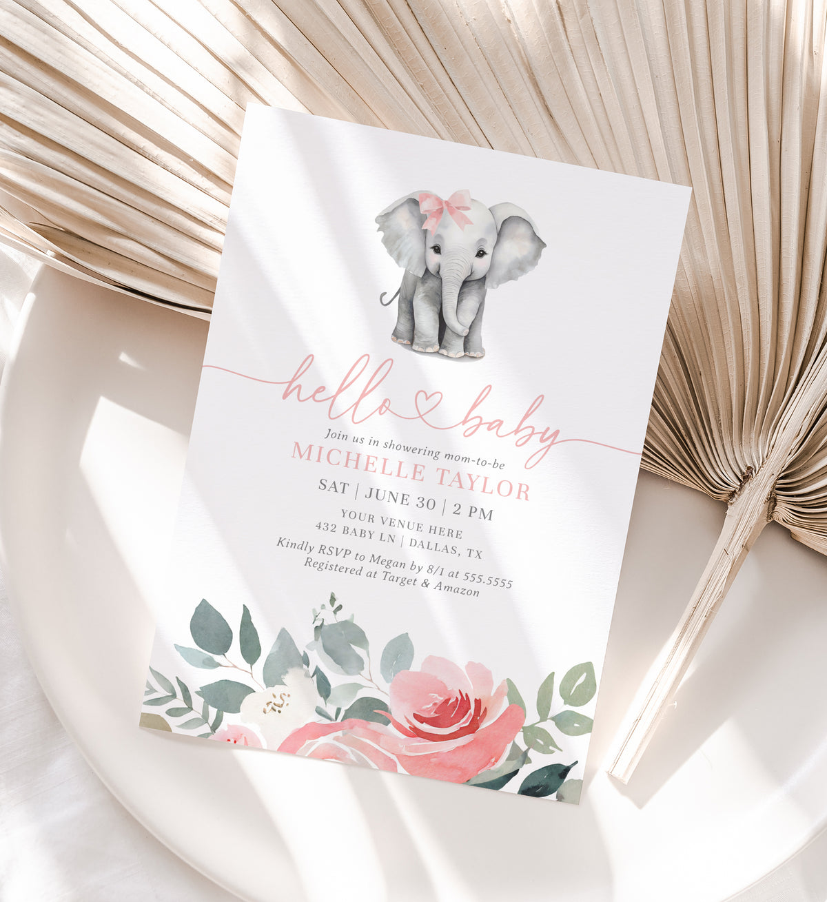 Pink Floral Elephant Baby Shower Invitation