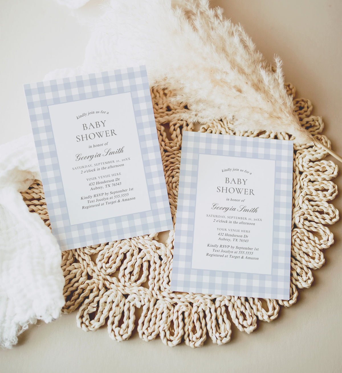 Editable Blue Gingham Baby Shower Invitation Template