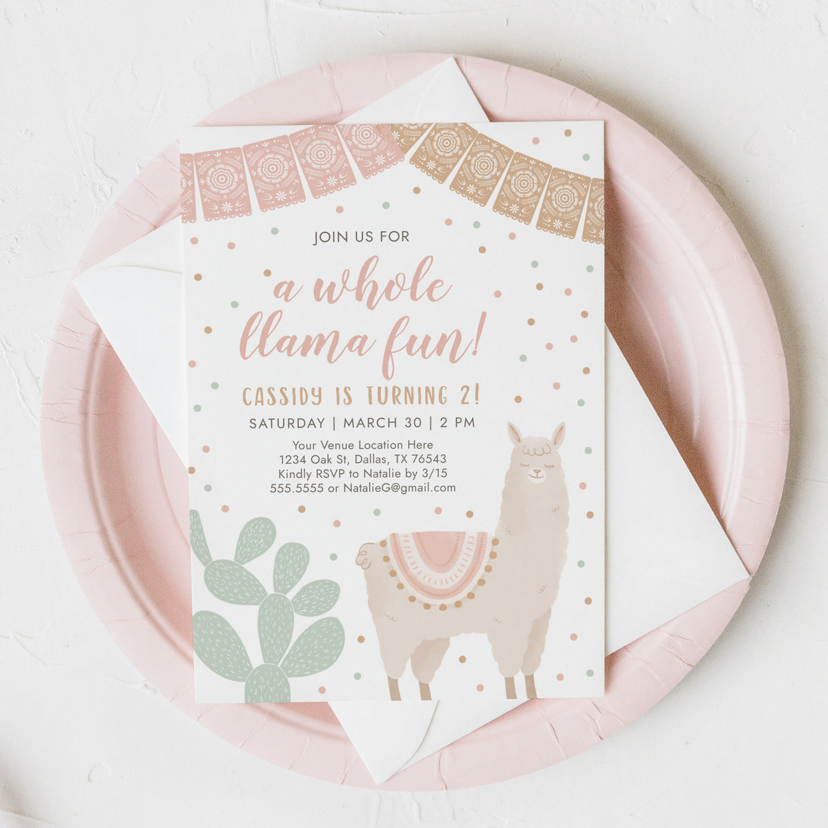 Editable Pink Llama Birthday Invitation Template