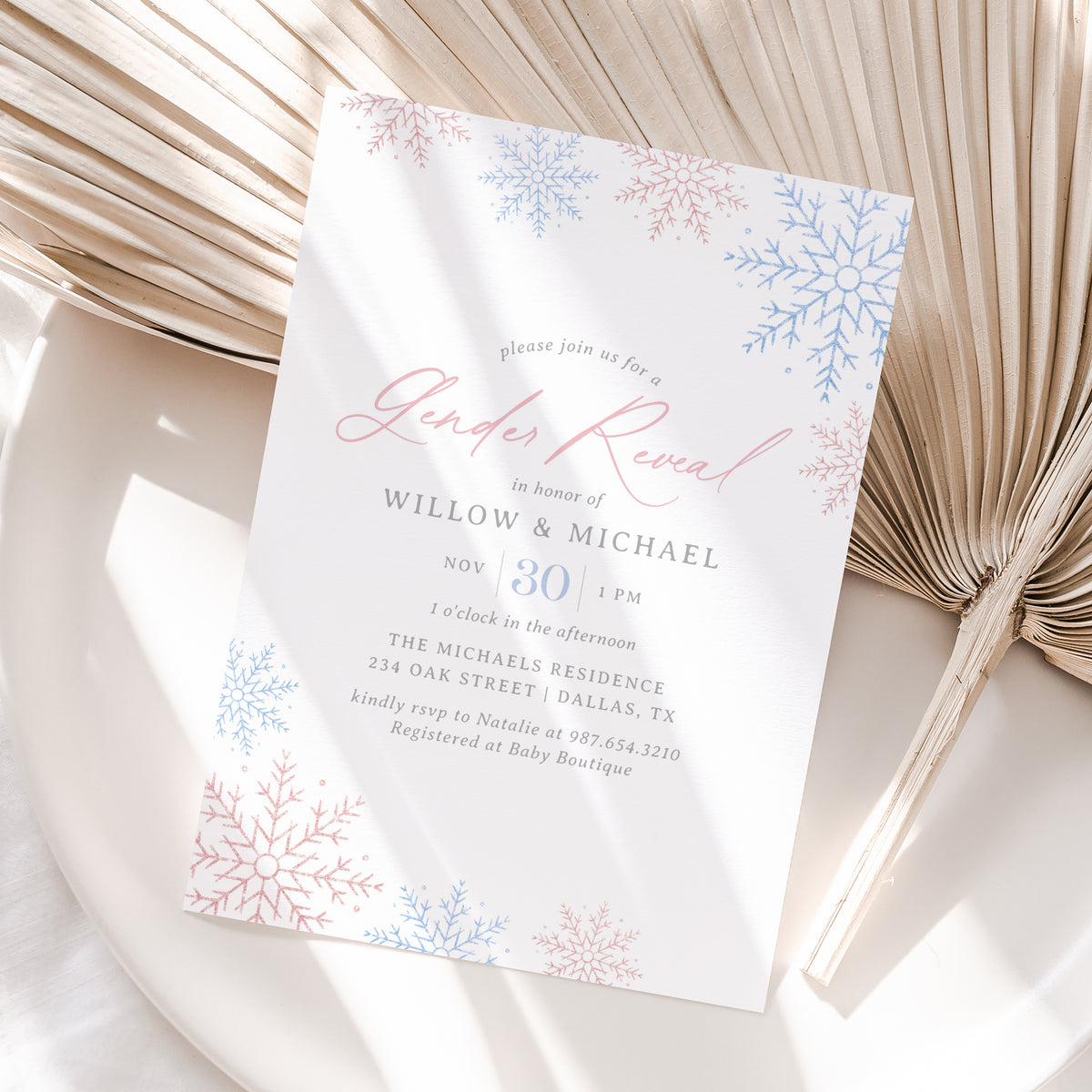 Editable Winter Snowflake Gender Reveal Invitation Template