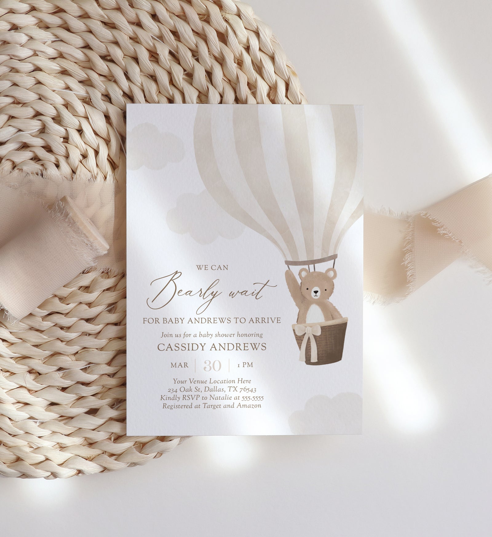 Editable Neutral Teddy Bear Hot Air Balloon Baby Shower Invitation Template
