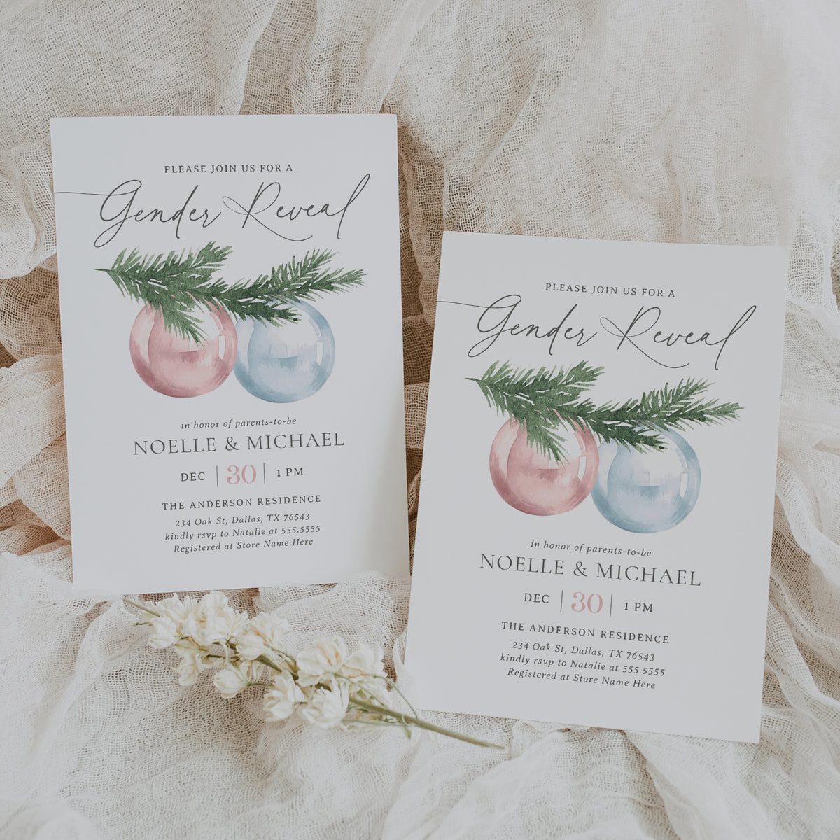 Editable Winter Ornament Gender Reveal Invitation Template