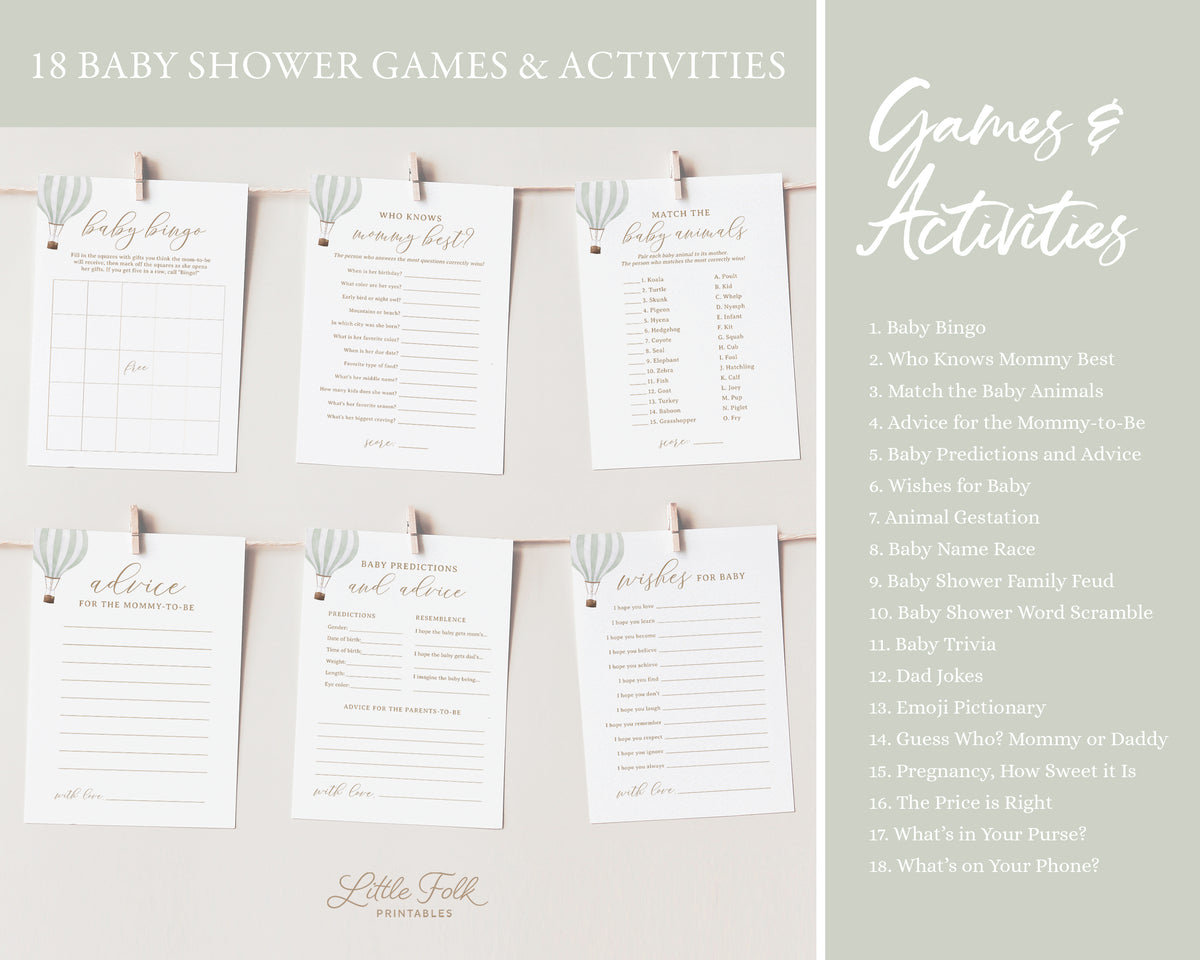 Editable Green Hot Air Balloon Baby Shower Invitation Bundle