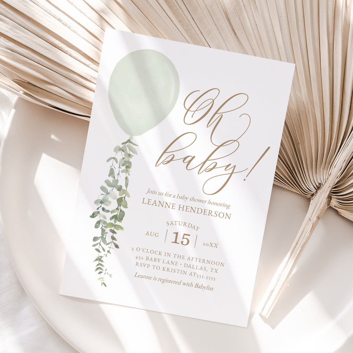 Editable Green Balloon Baby Shower Invitation Template