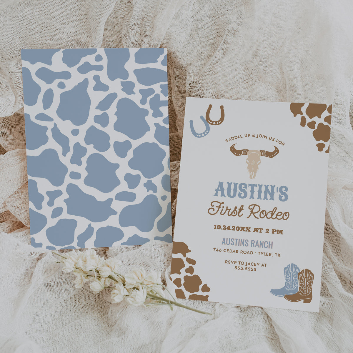 Editable Blue First Rodeo Birthday Invitation Template