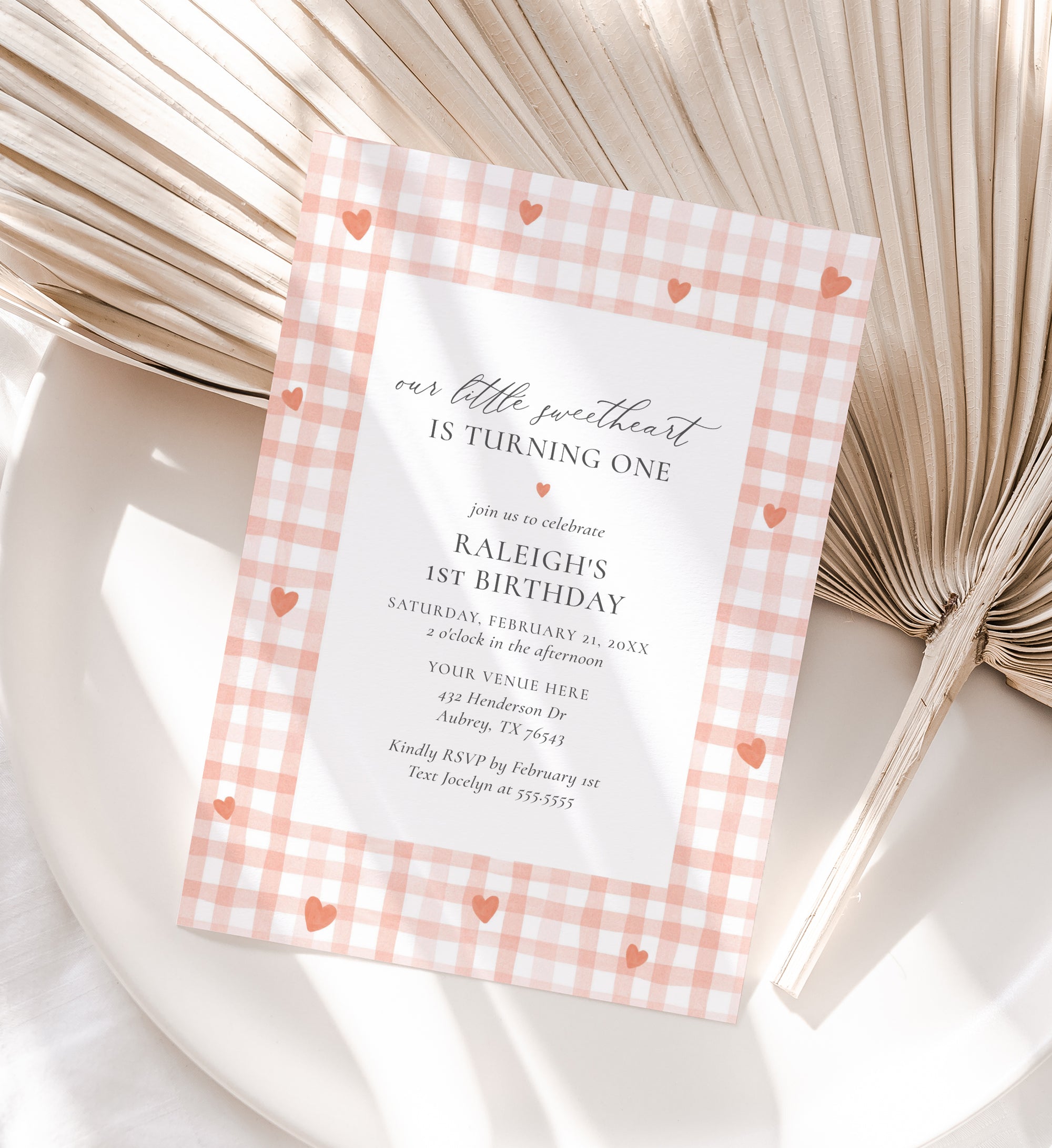 Editable Little Sweetheart Gingham Birthday Invitation Template