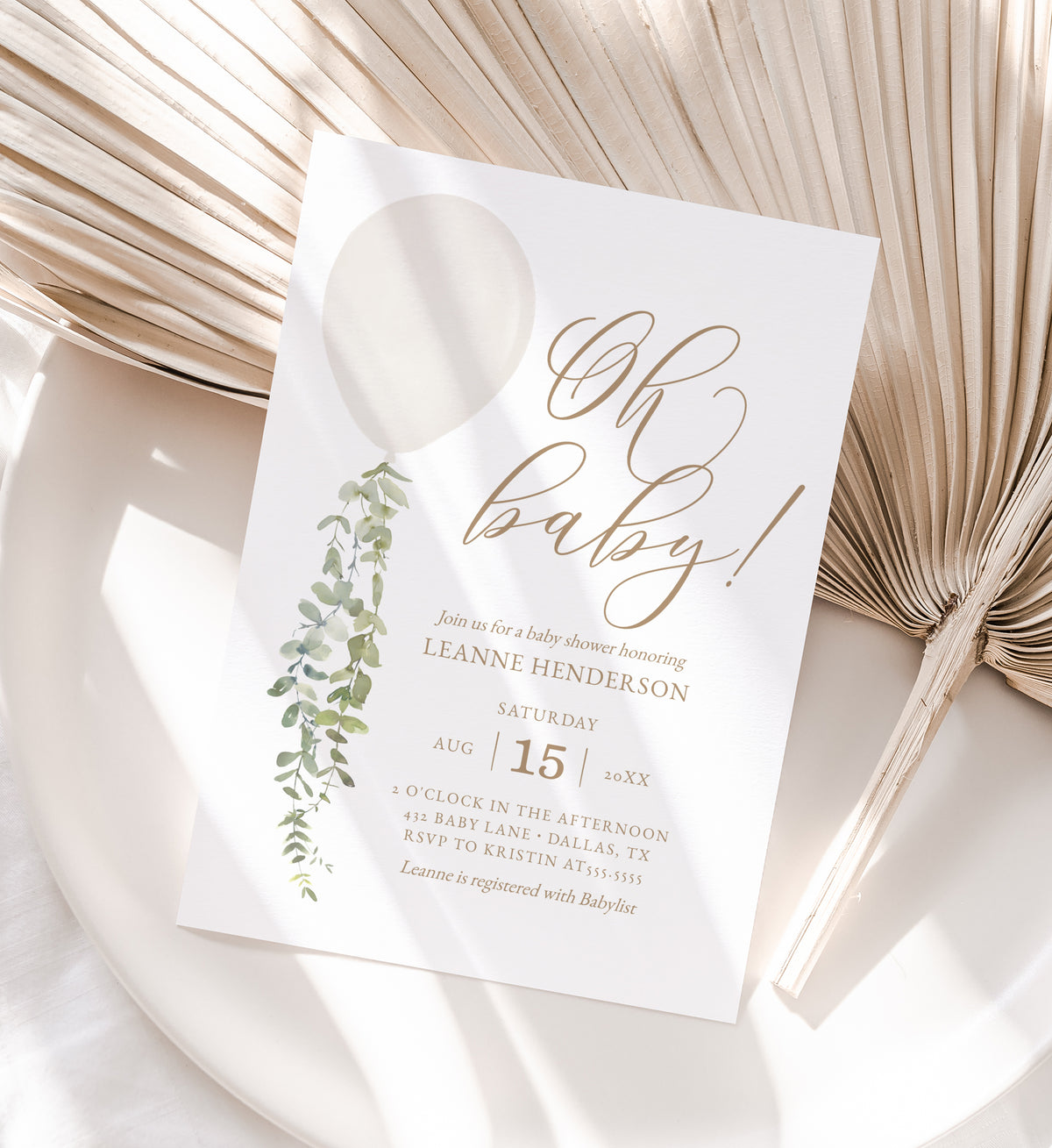 Editable White Balloon Baby Shower Invitation Template