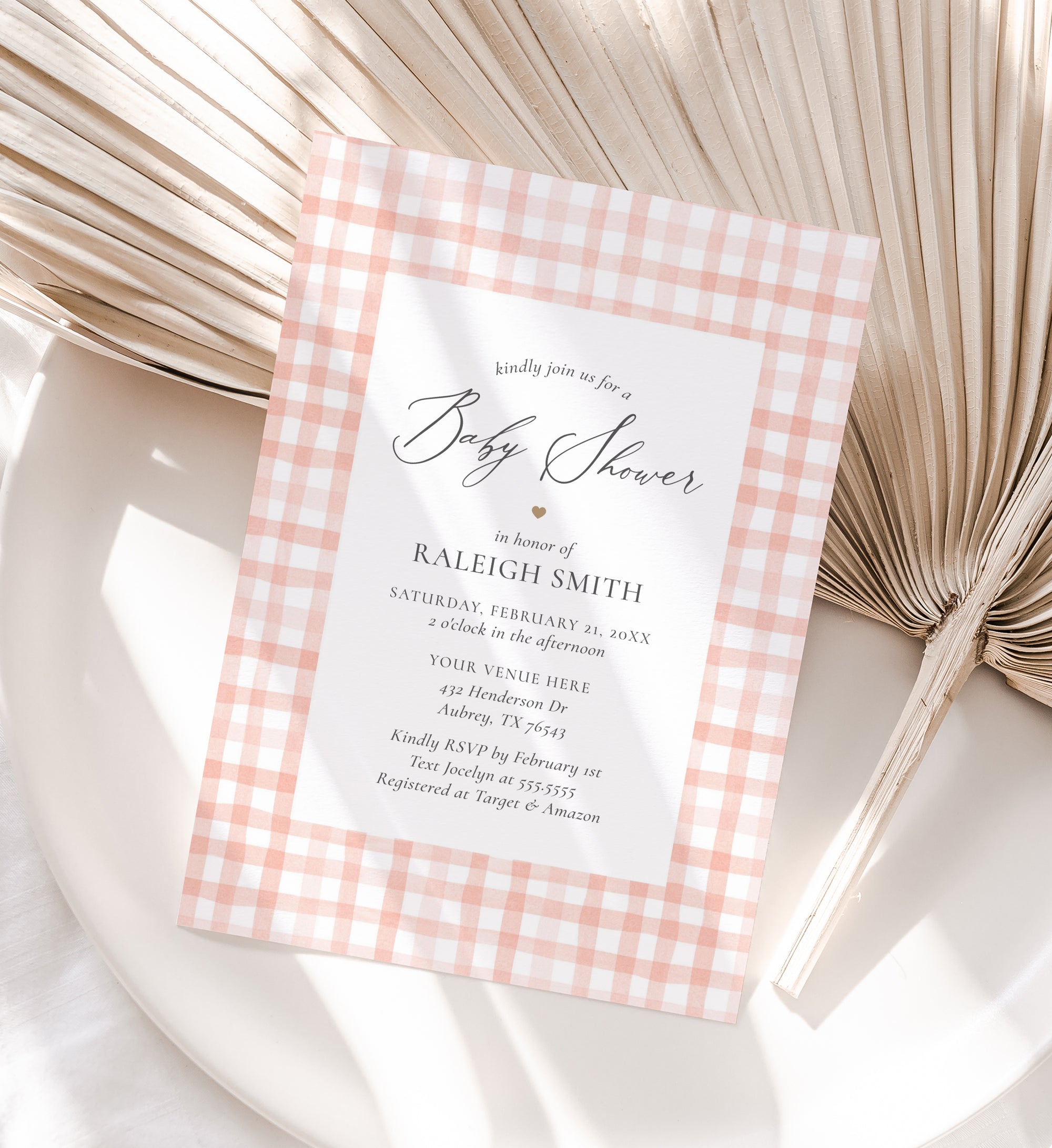 Editable Pink Watercolor Gingham Baby Shower Invitation Template