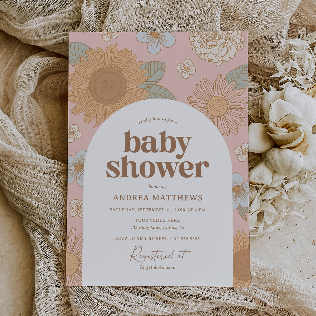 Editable Retro Wildflower Baby Shower Invitation Template
