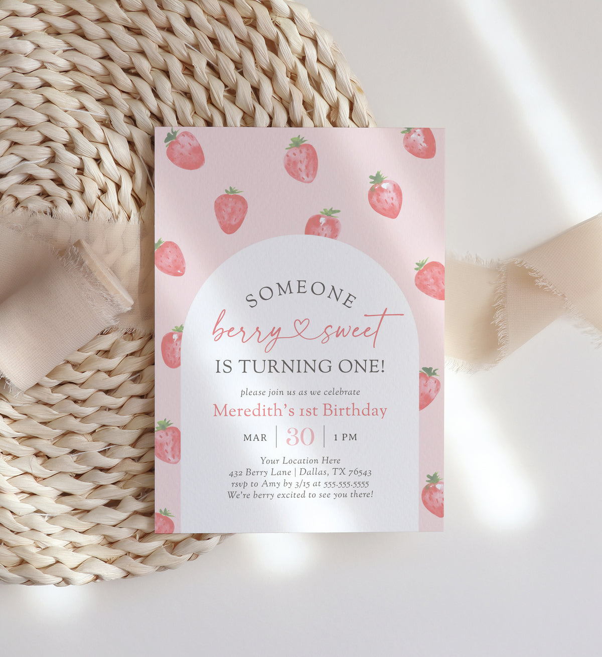 Editable Berry Sweet Strawberry Birthday Invitation Template