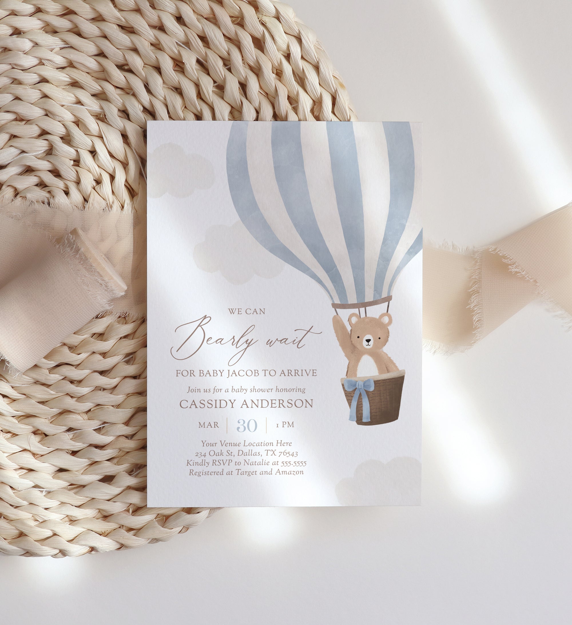 Editable Blue Teddy Bear Hot Air Balloon Baby Shower Invitation Template