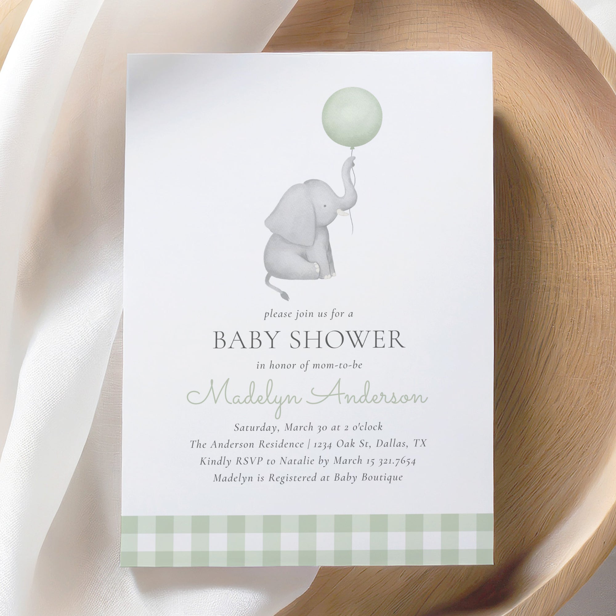 Elephant with Sage Green Balloon Invitation Template