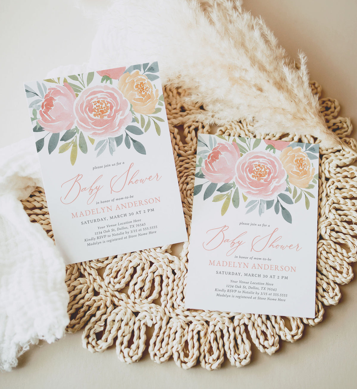 Blush and Peach Floral Baby Shower Invitation