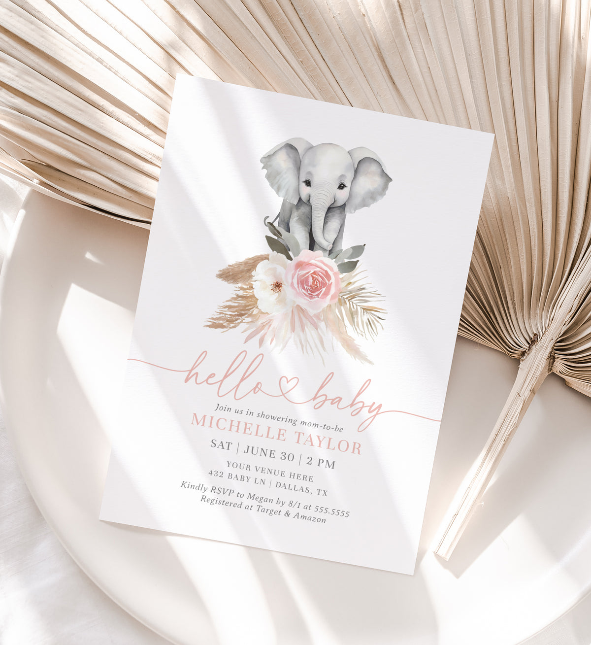 Pink Floral Pampas Grass Elephant Baby Shower Invitation