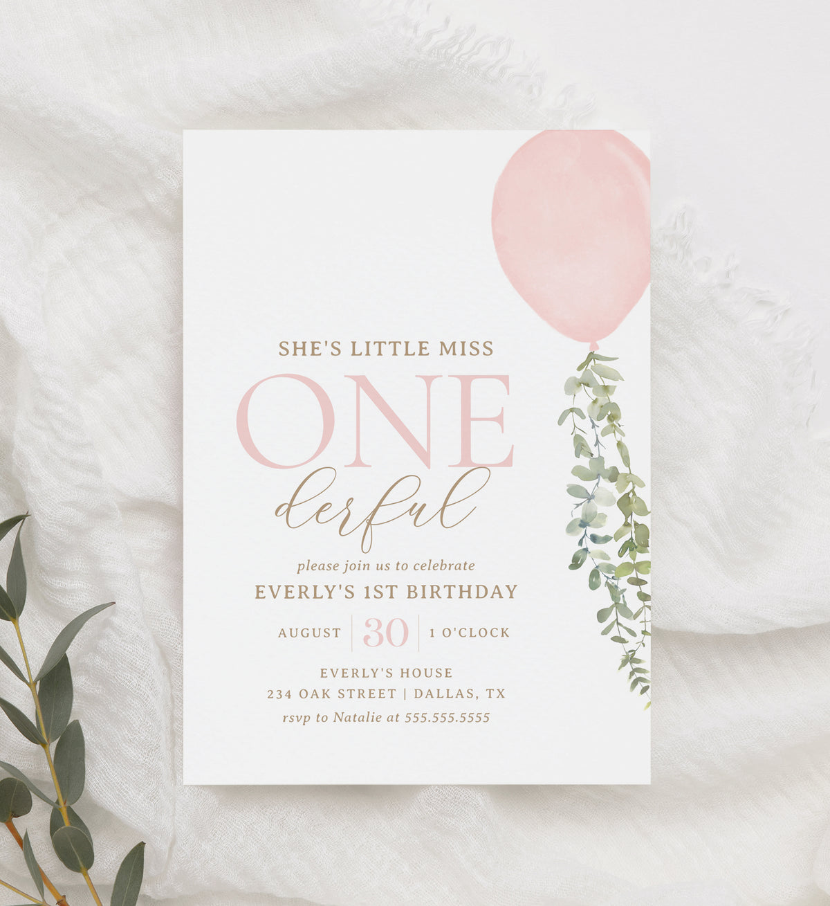Editable Little Miss Onederful Pink Balloon Birthday Party Invitation Template