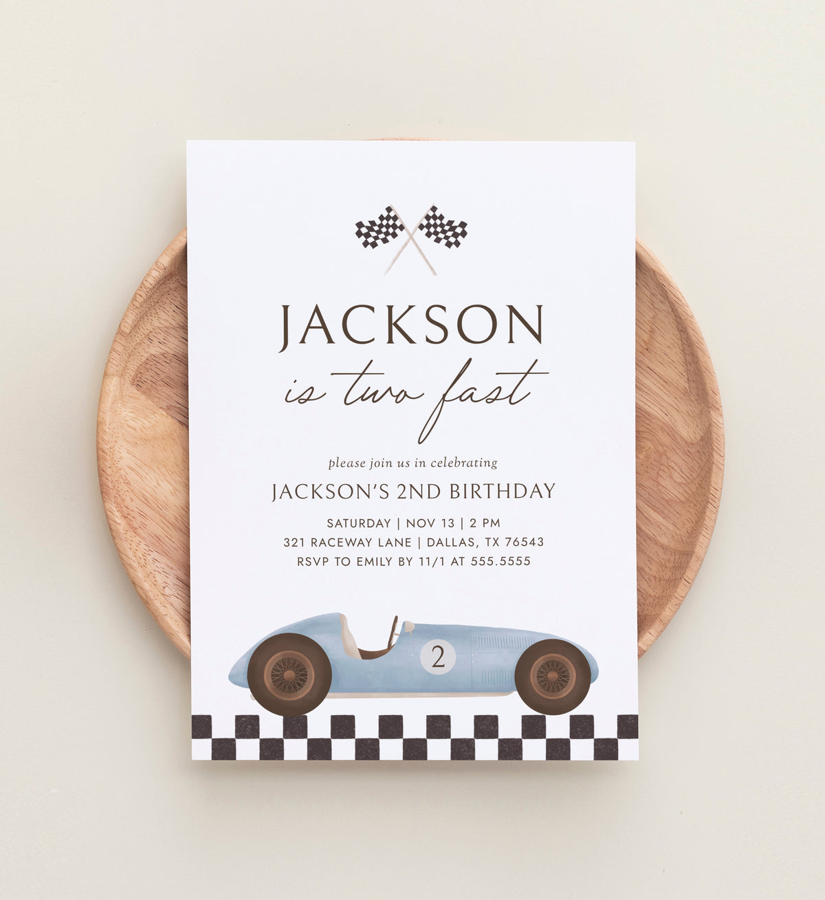 Editable Vintage Race Car 2nd Birthday Invitation Template