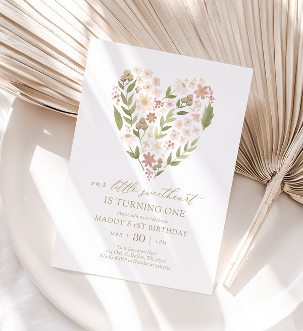 Little Sweetheart Floral Heart Birthday Invitation - Little Folk Printables