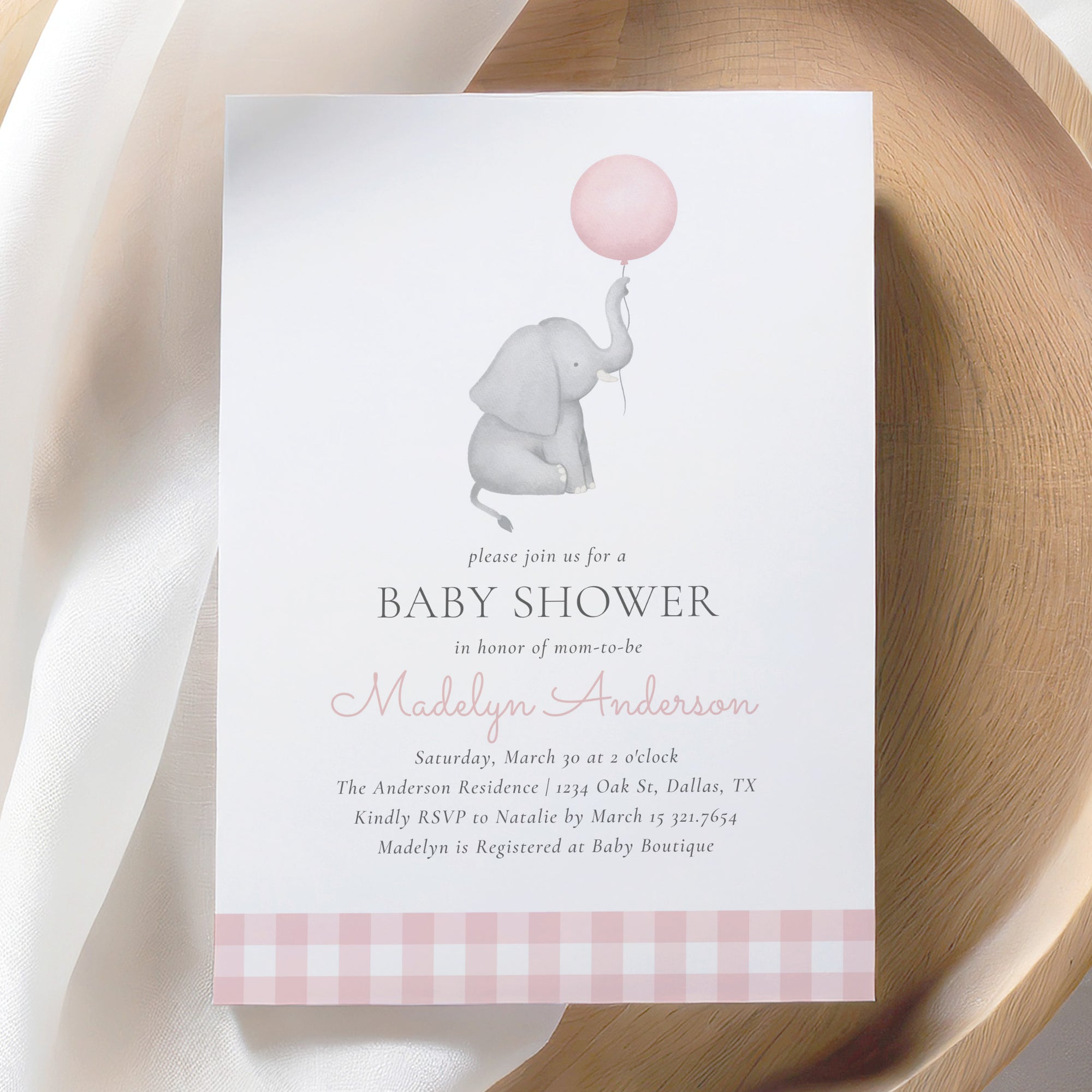 Elephant with Pink Balloon Invitation Template