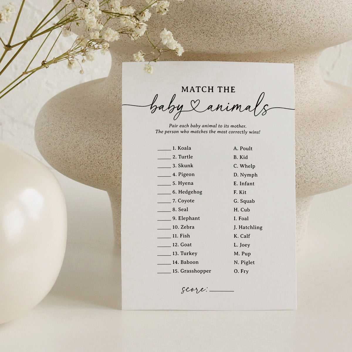 Minimal Animal Matching Baby Shower Game Template