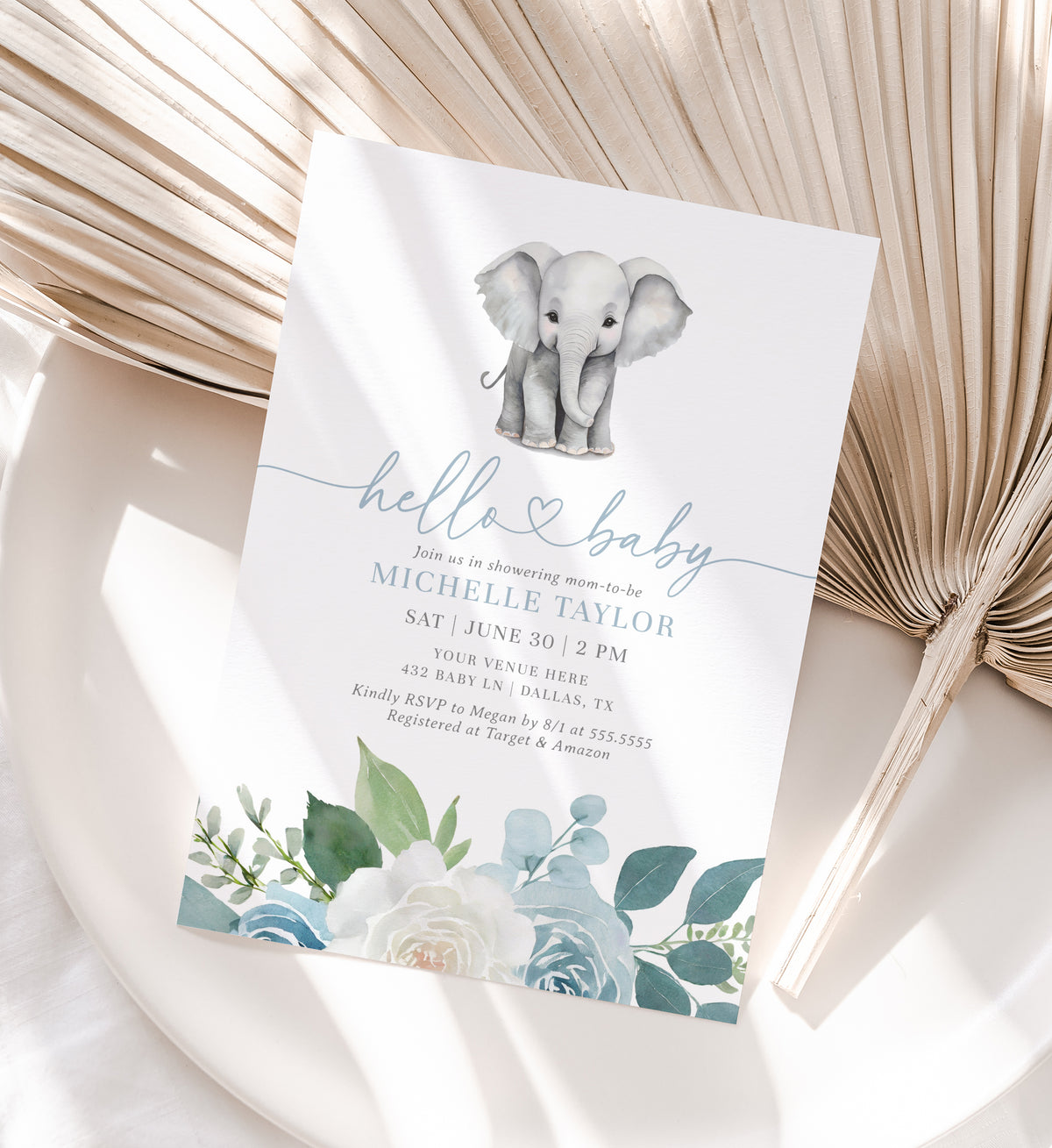 Blue Floral Elephant Baby Shower Invitation Template