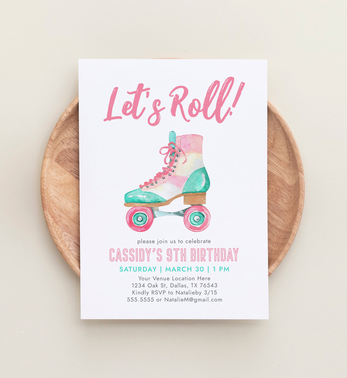 Editable Pink Roller Skate Birthday Invitation Template