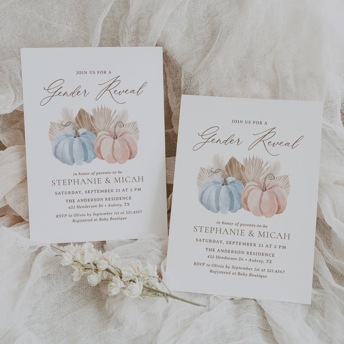 Blue and Pink Pumpkin Gender Reveal Invitation Template