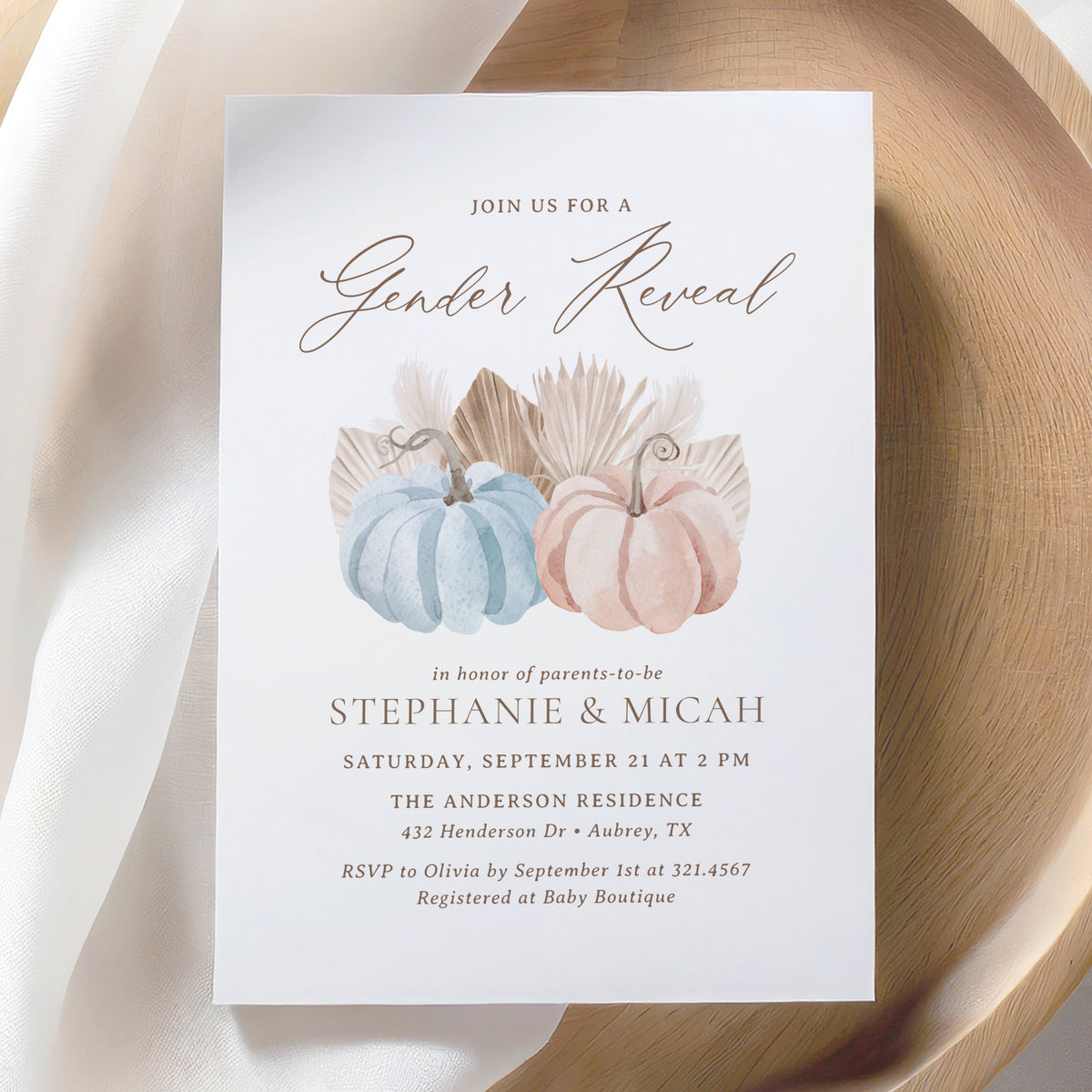 Blue and Pink Pumpkin Gender Reveal Invitation Template