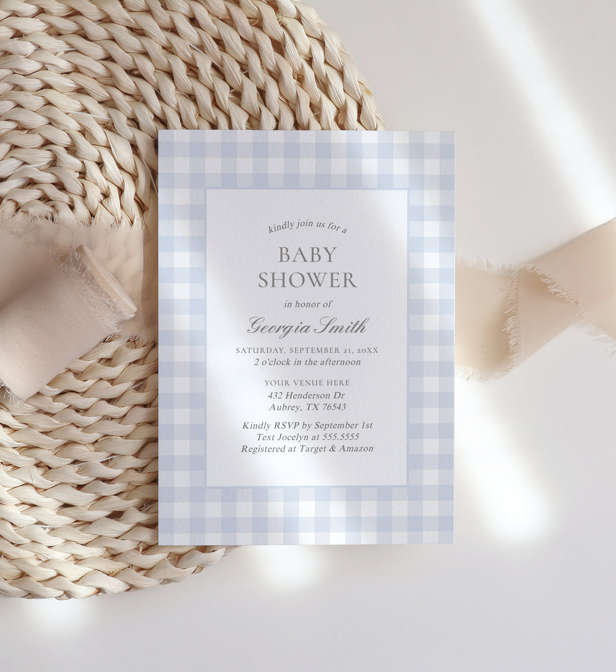 Editable Blue Gingham Baby Shower Invitation Template