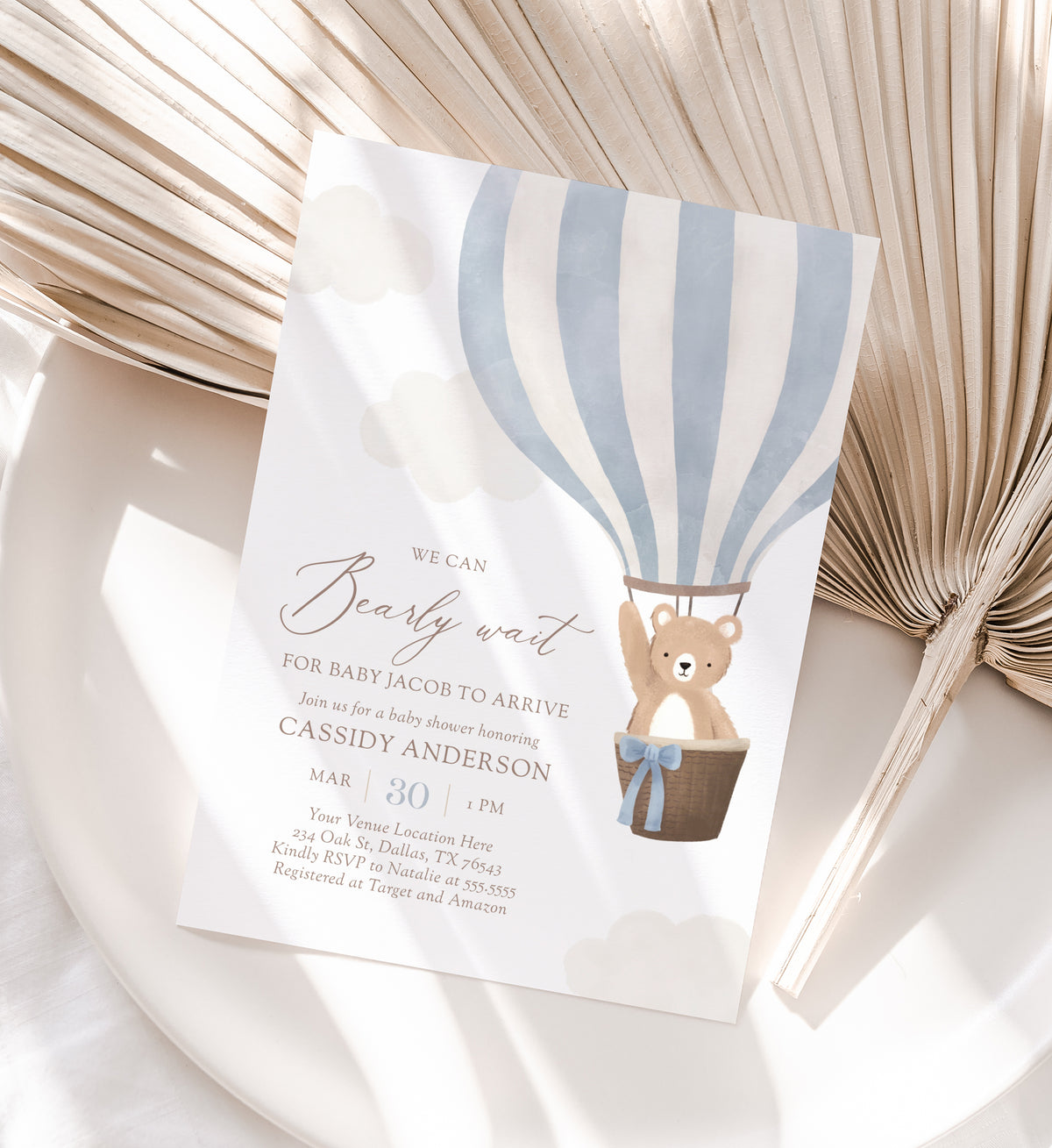 Editable Blue Teddy Bear Hot Air Balloon Baby Shower Invitation Template