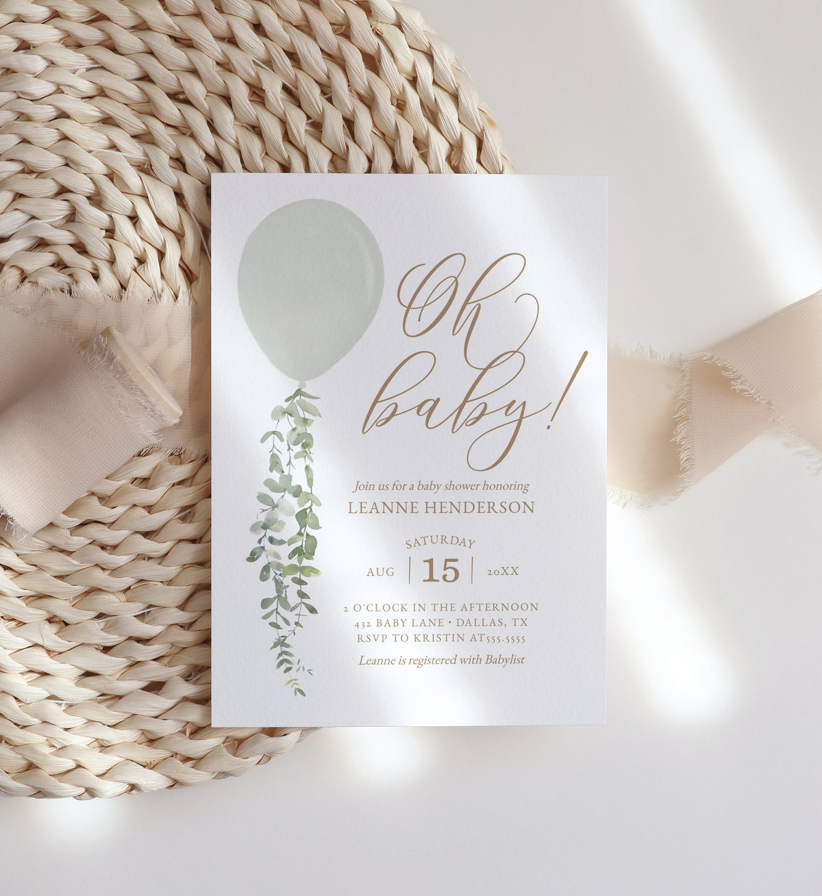 Editable Green Balloon Baby Shower Invitation Template