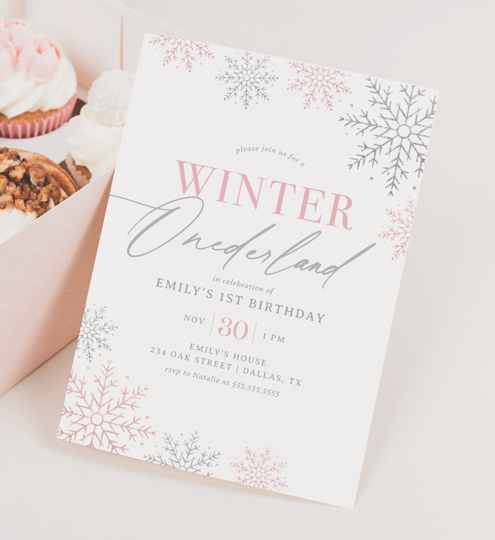 Editable Pink Winter Onederland Birthday Party Invitation Template