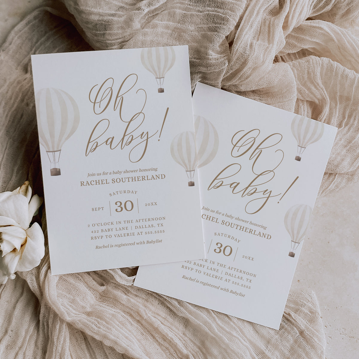 Editable Beige Hot Air Balloon Baby Shower Invitation Template