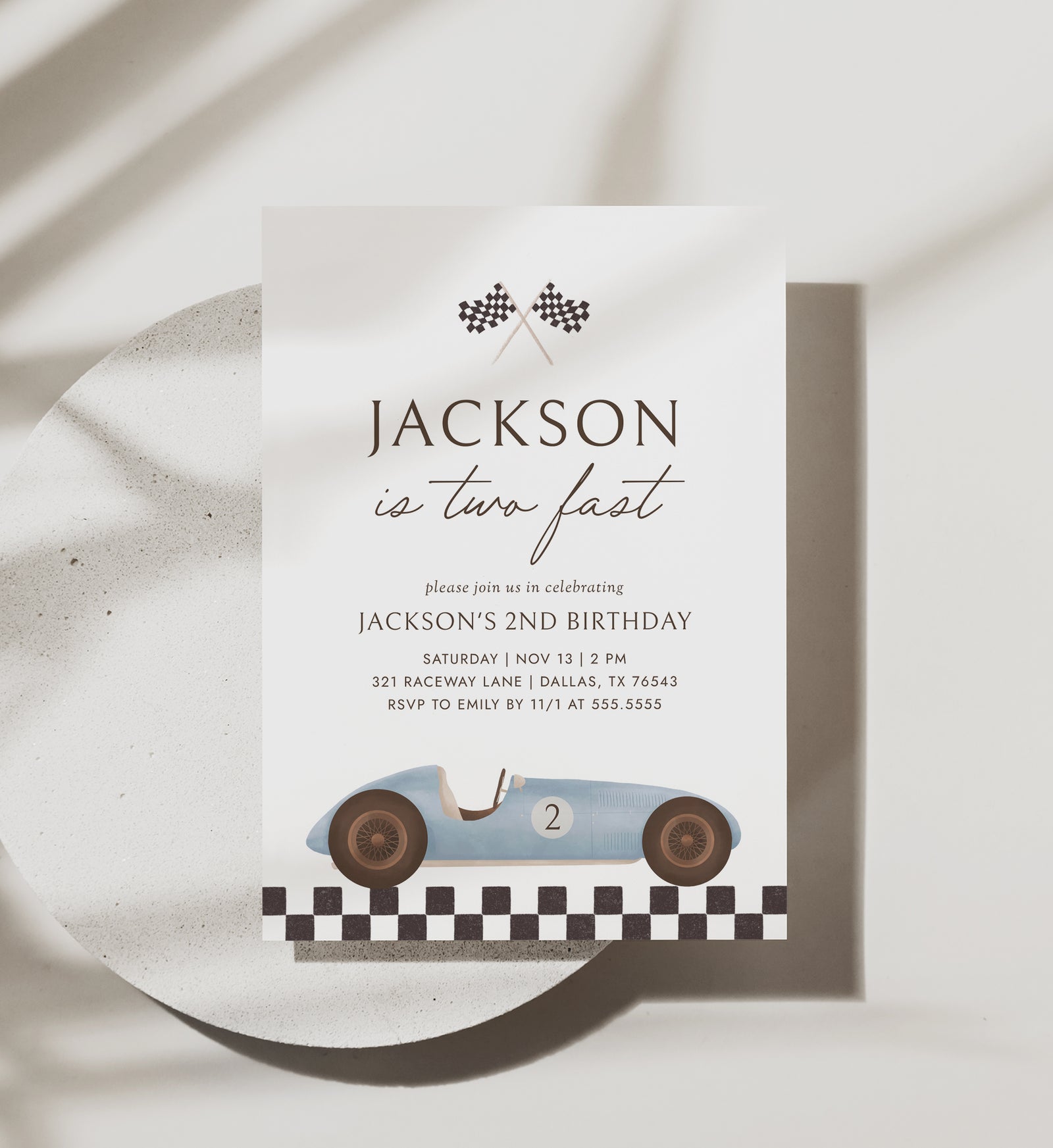Editable Vintage Race Car 2nd Birthday Invitation Template
