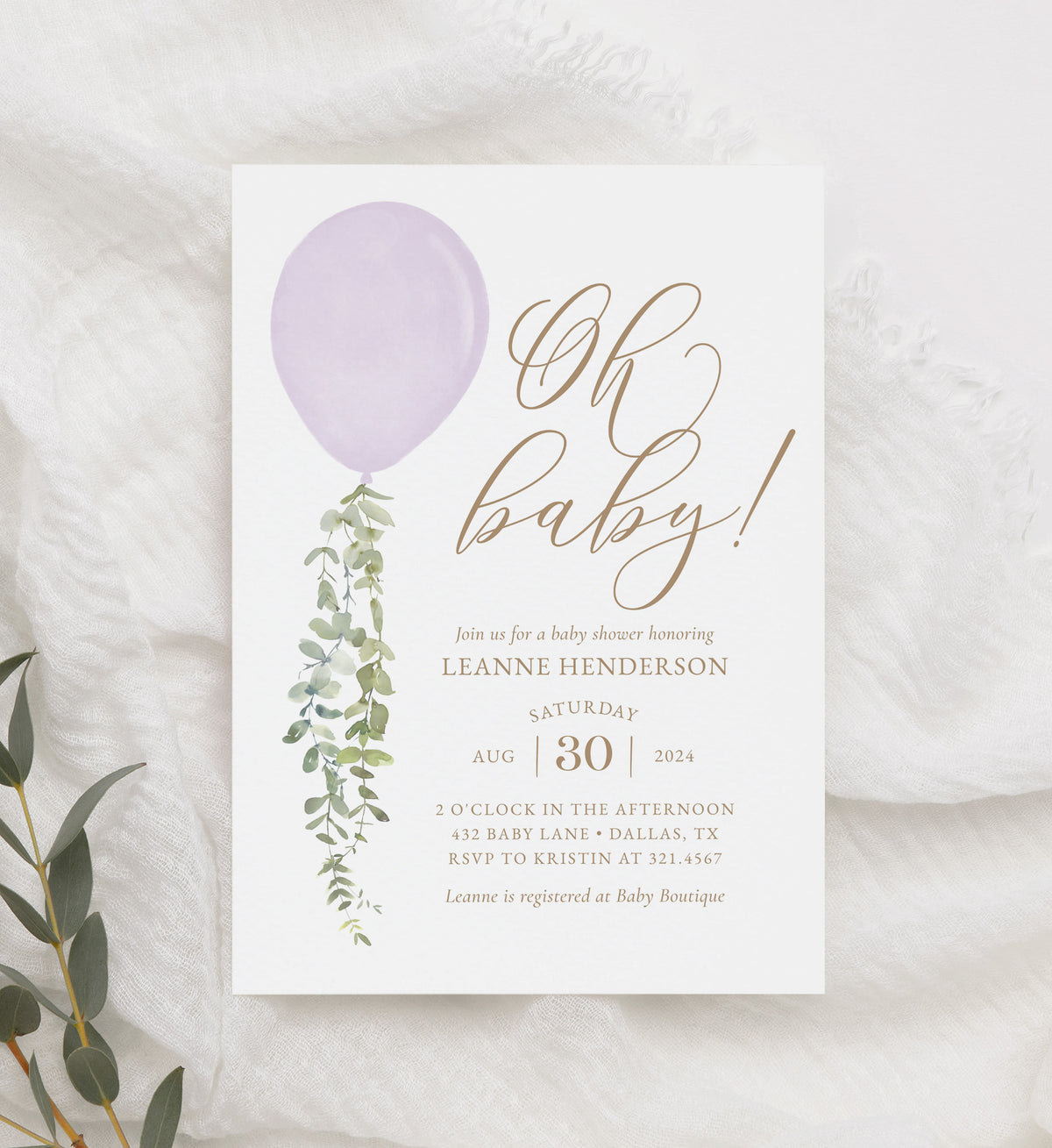 Purple Balloon Baby Shower Invitation Template