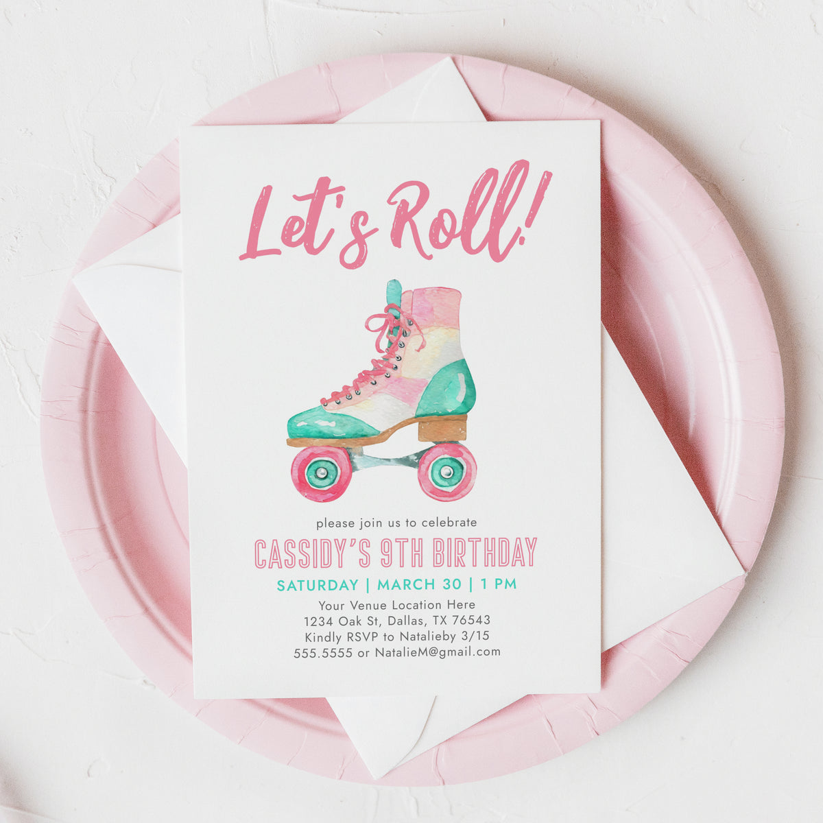 Editable Pink Roller Skate Birthday Invitation Template
