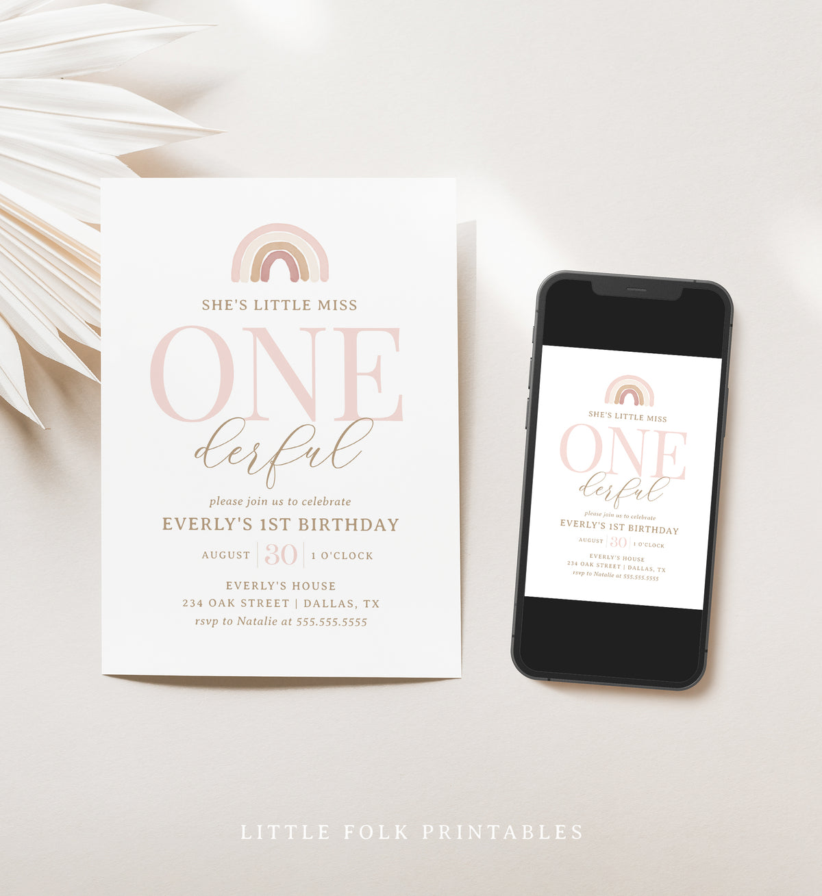 Editable Pink Rainbow 1st Birthday Invitation Template