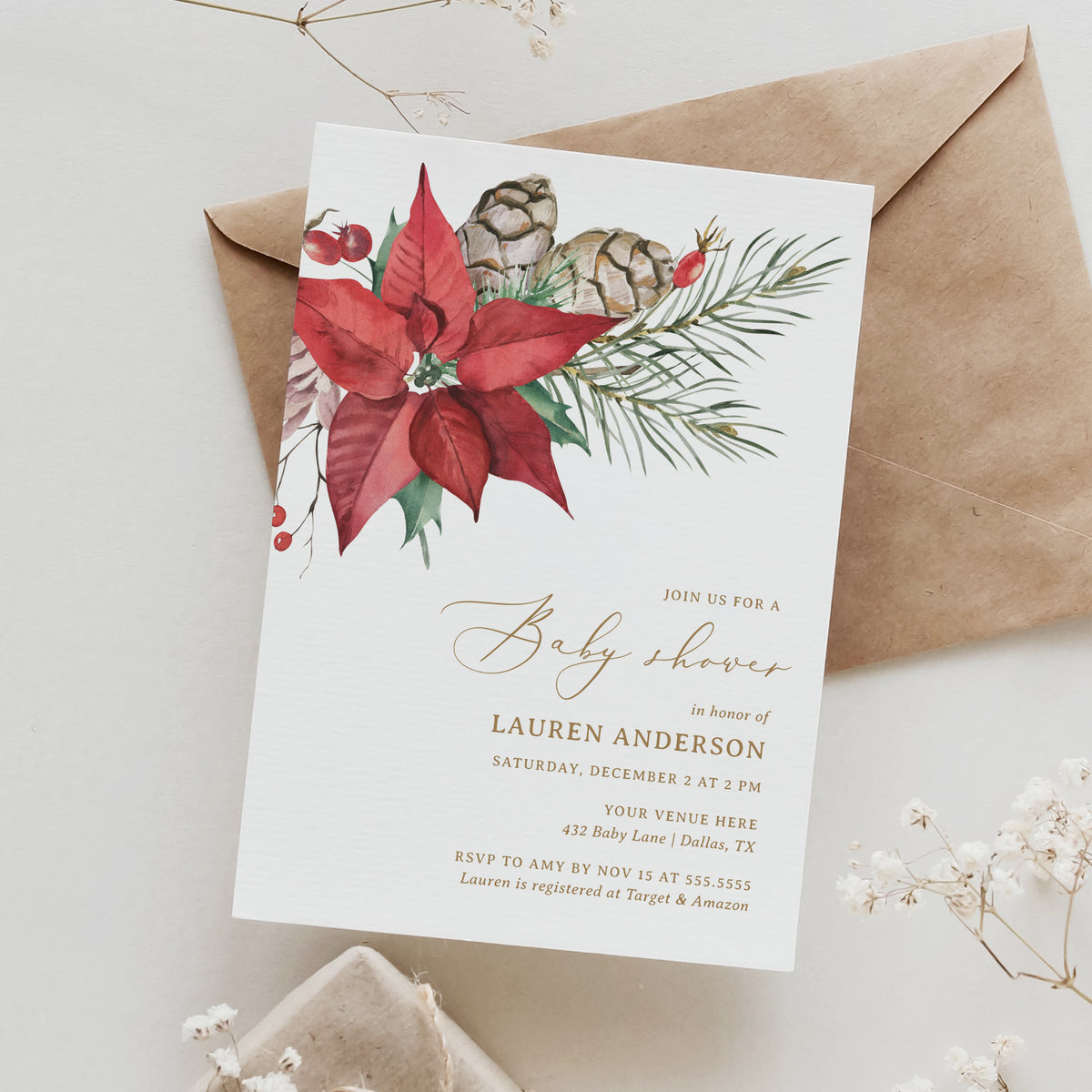 Poinsettia Baby Shower Invitation