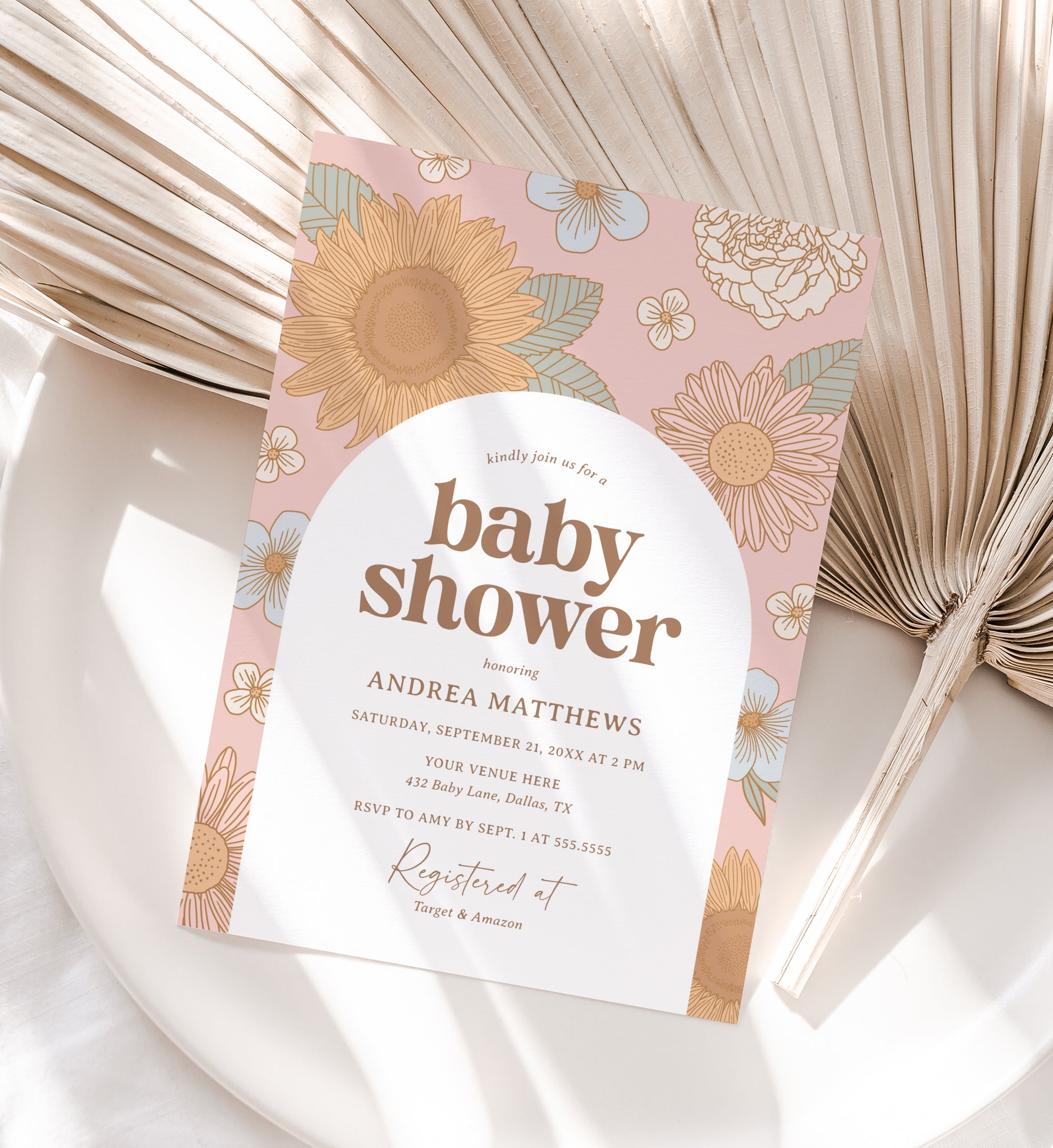 Editable Retro Wildflower Baby Shower Invitation Template