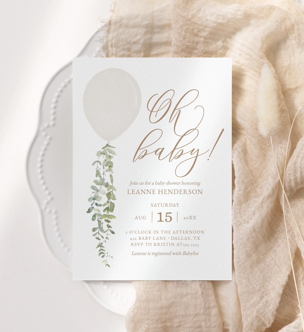 Editable White Balloon Baby Shower Invitation Template